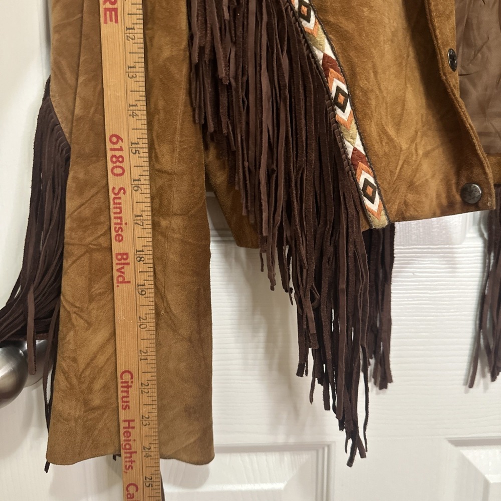 Western Fringe Leather Suede Jacket‎ Button Up Brown Aztec Design Sz Woman's L - Picture 13 of 15